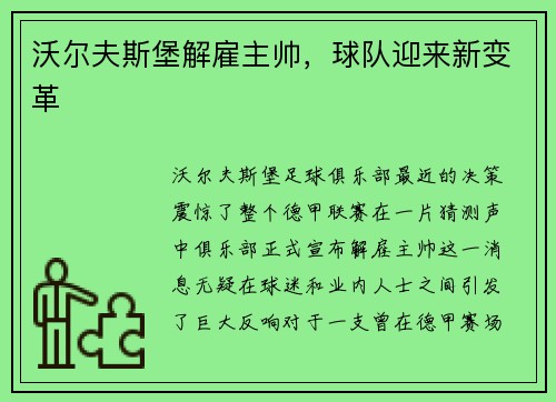 沃尔夫斯堡解雇主帅，球队迎来新变革